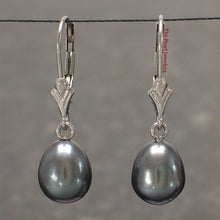 Load image into Gallery viewer, 1000026-Black-Cultured-Pearl-14k-White-Gold-Leverback-Dangle-Earrings