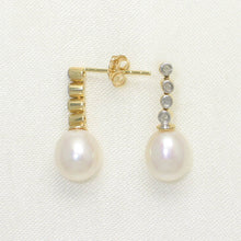Load image into Gallery viewer, 1000110-14k-Gold-Genuine-Diamonds-White-Pearl-Dangle-Stud-Earrings