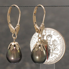 Load image into Gallery viewer, 1000121-14k-Gold-Leverback-Cups-Black-Pearl-Dangle-Earrings