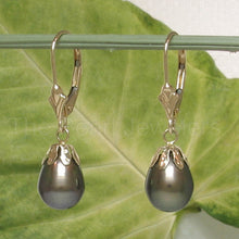 Load image into Gallery viewer, 1000121-14k-Gold-Leverback-Cups-Black-Pearl-Dangle-Earrings