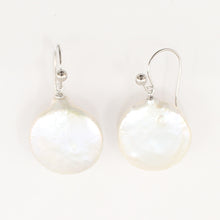 Load image into Gallery viewer, 1000355-14k-Fish-Hook-Gold-Ball-White-Coin-Pearl-Dangle-Earrings