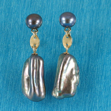 Load image into Gallery viewer, 1000411-14k-Yellow-Solid-Gold-Well-Matched-Black-Biwa-Pearl-Dangle-Earrings