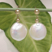 Load image into Gallery viewer, 1000540-14k-Yellow-Gold-Ball-Genuine-White-Coin-Pearl-Dangle-Earrings
