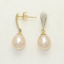Load image into Gallery viewer, 1000562-14k-Yellow-Gold-Diamonds-Pink-Cultured-Pearl-Dangle-Stud-Earrings