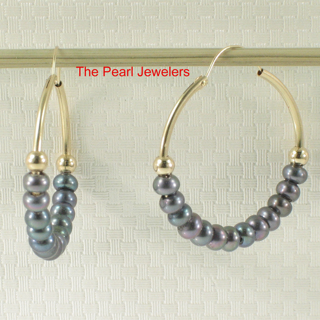 14k Yellow Gold 25 X1.25 mm Hoop; 3-4mm Black Cultured Pearl Earrings