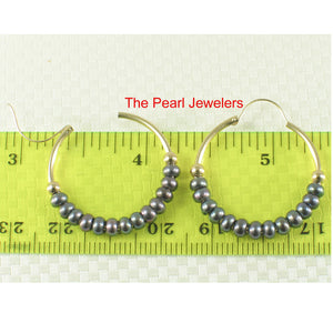 14k Yellow Gold 25 X1.25 mm Hoop; 3-4mm Black Cultured Pearl Earrings