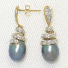 Load image into Gallery viewer, 1000801-14k-Yellow-Gold-Diamonds-Black-Pearl-Dangle-Stud-Earrings