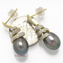 Load image into Gallery viewer, 1000801-14k-Yellow-Gold-Diamonds-Black-Pearl-Dangle-Stud-Earrings