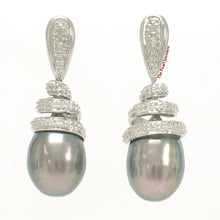 Load image into Gallery viewer, 1000806-14k-White-Gold-Diamonds-Black-Pearl-Dangle-Stud-Earrings