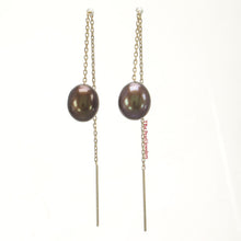 Load image into Gallery viewer, 1000823-14k-Yellow-Gold-Threader-Chain-Chocolate-Pearl-Dangle-Earrings