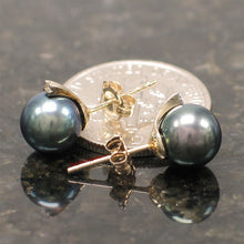 Load image into Gallery viewer, 1000871-14k-Yellow-Gold-Diamond-Black-Genuine-Cultured-Pearl-Stud-Earrings