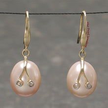 Load image into Gallery viewer, 1000892-14k-Yellow-Gold-Diamond-Genuine-Peach-Freshwater-Pearl-Hook-Earrings
