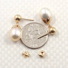 Load image into Gallery viewer, 1001110-White-Pearl-Dangle-Earrings-14k-Yellow-Gold-5mm-Ball-Ring-Claws
