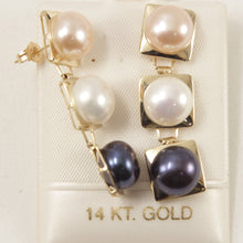 Load image into Gallery viewer, 1003393-14k-Yellow-Gold-9.5-10mm-Peach-White-Black-Pearl-Dangle-Earrings