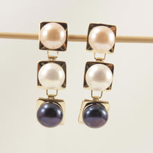 Load image into Gallery viewer, 1003393-14k-Yellow-Gold-9.5-10mm-Peach-White-Black-Pearl-Dangle-Earrings