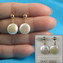 Load image into Gallery viewer, 1006540-14k-Gold-Ball-Genuine-White-Coin-Pearl-Dangle-Earrings