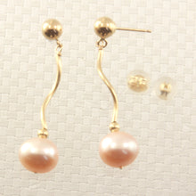 Load image into Gallery viewer, 1025342-14k-Yellow-Gold-Spiral-Tube-Pink-Cultured-Pearl-Dangle-Earrings