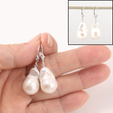 Solid 14k White Gold Leverback Baroque White Pearl Dangle Earrings (Larger)