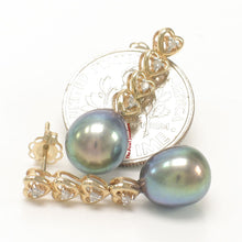 Load image into Gallery viewer, 1098101-14k-Yellow-Gold-Black-Freshwater-Pearl-Diamonds-Dangle-Earrings