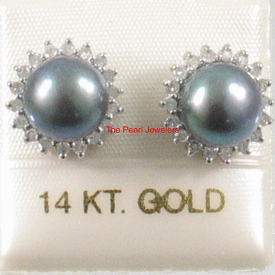 Solid 14k White Gold Black Cultured Pearl & Diamond Halo Stud Earrings