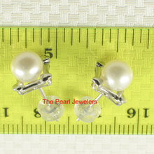 Load image into Gallery viewer, 1099805-14k-White-Gold-Square-Four-Hearts-White-Cultured-Pearl-Stud-Earrings