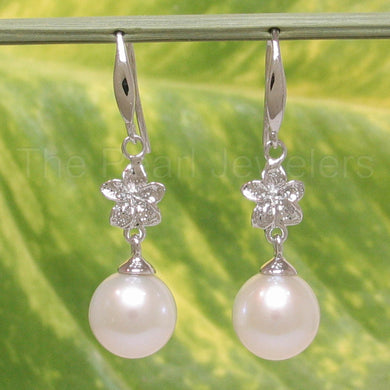 Solid 14k White Gold Hawaiian Plumeria Peach Cultured Pearl Hook Earrings