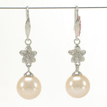 Load image into Gallery viewer, 1099857-14k-White-Gold-Hawaiian-Plumeria-AAA-Peach-Cultured-Pearl-Hook-Earrings