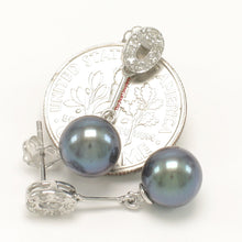 Load image into Gallery viewer, 1099896-14k-White-Gold-AAA-Black-Pearl-Diamond-Dangle-Stud-Earrings