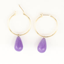 Load image into Gallery viewer, 1100592-14k-Yellow-Gold-Hoop-Pear-Drop-Lavender-Jade-Dangle-Earrings