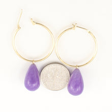 Load image into Gallery viewer, 1100592-14k-Yellow-Gold-Hoop-Pear-Drop-Lavender-Jade-Dangle-Earrings