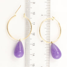 Load image into Gallery viewer, 1100592-14k-Yellow-Gold-Hoop-Pear-Drop-Lavender-Jade-Dangle-Earrings