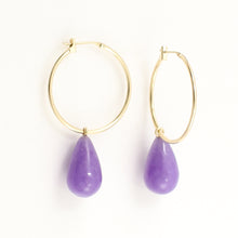 Load image into Gallery viewer, 1100592-14k-Yellow-Gold-Hoop-Pear-Drop-Lavender-Jade-Dangle-Earrings