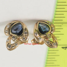 Load image into Gallery viewer, 1200101-14k-Yellow-Gold-Genuine-Heart-Blue-Sapphire-Diamond-Stud-Earrings