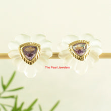 Load image into Gallery viewer, 1300114-14k-Yellow-Gold-Trilliant-Cut-Amethyst-Carved-Crystal-Stud-Earrings