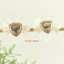 Load image into Gallery viewer, 1300114-14k-Yellow-Gold-Trilliant-Cut-Amethyst-Carved-Crystal-Stud-Earrings