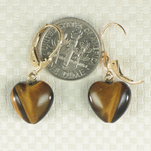 Load image into Gallery viewer, 1300131-14k-Yellow-Gold-Leverback-Heart-Genuine-Brown-Tiger-Eye-Dangle-Earrings