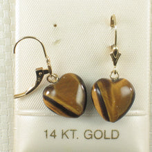 Load image into Gallery viewer, 1300131-14k-Yellow-Gold-Leverback-Heart-Genuine-Brown-Tiger-Eye-Dangle-Earrings