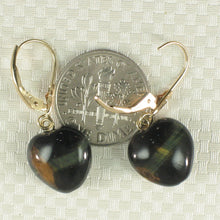 Load image into Gallery viewer, 1300132-14k-Yellow-Gold-Leverback-Heart-Genuine-Blue-Tiger-Eye-Dangle-Earrings
