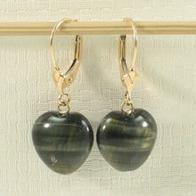 Load image into Gallery viewer, 1300132-14k-Yellow-Gold-Leverback-Heart-Genuine-Blue-Tiger-Eye-Dangle-Earrings