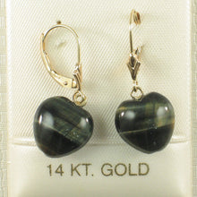 Load image into Gallery viewer, 1300132-14k-Yellow-Gold-Leverback-Heart-Genuine-Blue-Tiger-Eye-Dangle-Earrings