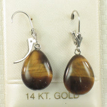 Load image into Gallery viewer, 1300196-14k-White-Gold-Lever-Back-Genuine-Brown-Tiger-Eye-Dangle-Earrings