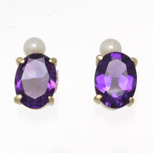 Load image into Gallery viewer, 1300274-14k-Yellow-Gold-Genuine-Oval-Purple-Amethyst-Pearl-Stud-Earrings