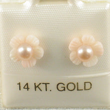Load image into Gallery viewer, 1300361-Natural-Angel-Skin-Coral-Carved-Flower-Pearl-14K-Yellow-Gold-Earrings