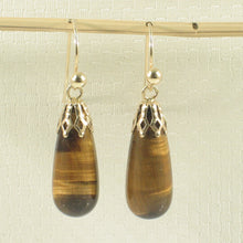 Load image into Gallery viewer, 1301631-14k-Yellow-Gold-Fish-Hook-Gold-Ball-Cups-Brow-Tiger-Eye-Dangle-Earrings
