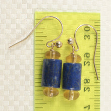 Load image into Gallery viewer, 1301020-Natural-Blue-Lapis-Tube-between-Citrine-14k-Yellow-Gold-Hook-Earrings