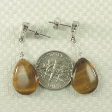 Load image into Gallery viewer, 1398641-14k-White-Gold-Diamond-Raindrop-Brown-Tiger-Eye-Dangle-Stud-Earrings