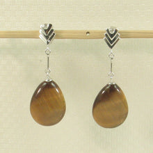 Load image into Gallery viewer, 1398641-14k-White-Gold-Diamond-Raindrop-Brown-Tiger-Eye-Dangle-Stud-Earrings