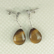 Load image into Gallery viewer, 1398641-14k-White-Gold-Diamond-Raindrop-Brown-Tiger-Eye-Dangle-Stud-Earrings