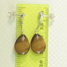 Load image into Gallery viewer, 1398641-14k-White-Gold-Diamond-Raindrop-Brown-Tiger-Eye-Dangle-Stud-Earrings