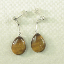 Load image into Gallery viewer, 1398641-14k-White-Gold-Diamond-Raindrop-Brown-Tiger-Eye-Dangle-Stud-Earrings